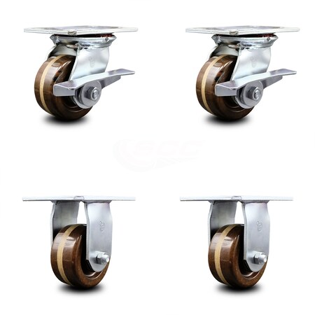 Service Caster 4 Inch High Temp Phenolic Caster Set with Roller Bearing 2 Brakes and 2 Rigid SCC-35S420-PHRHT-SLB-2-R-2